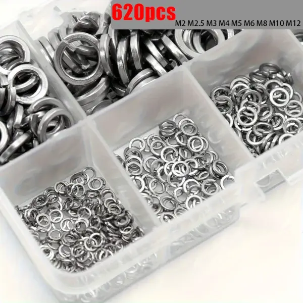 620-piece stainless steel spring washer set, M2-M12, 304 stainless steel, suitable for bolts and screws, multi-purpose.