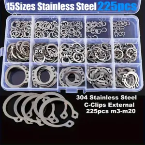 225-piece set of 15 sizes of C-clamp external retaining ring kit, 304 stainless steel coil shaft sorting kit, M3 - M20 set.