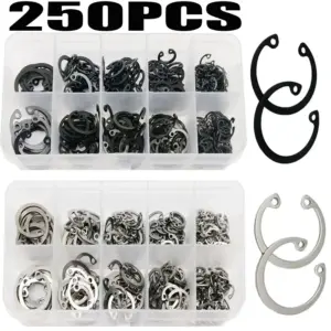 250pcs Assortment Kit Set M8 to M20 304 Stainless Steel Black 65mn Shaft Retaining Hole Clip Snap Ring C Type Internal Circlip