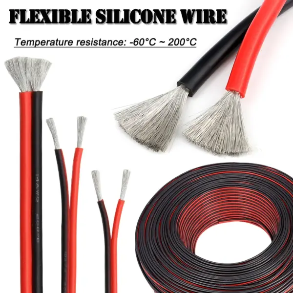 5/10m 2Pins Red Black Silicone Cable 30 28 26 24 22 20 18 16 15 14 12 10 8AWG High Temperature Resistant Soft Tinned Copper Wire