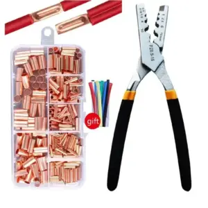 250pcs Copper Wire Joint Kit with Crimping Pliers Small Copper Tube Terminal Cable Lug Bootlace Ferrule for Electrical Wiring