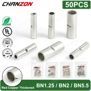 50PC BN1.25 BN2 BN5.5 Tinned Red Copper Non Insulated Butt Joint Wire Connector Kit Crimp Splices Cable Sleeve Terminal 22-10Awg