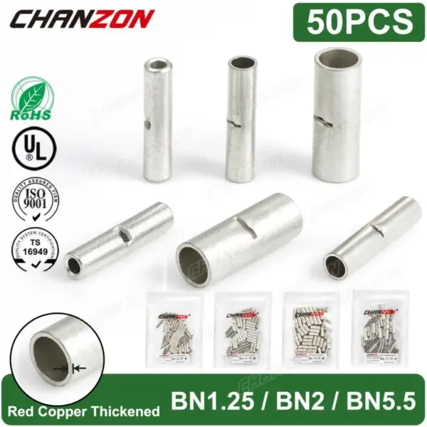 50PC BN1.25 BN2 BN5.5 Tinned Red Copper Non Insulated Butt Joint Wire Connector Kit Crimp Splices Cable Sleeve Terminal 22-10Awg