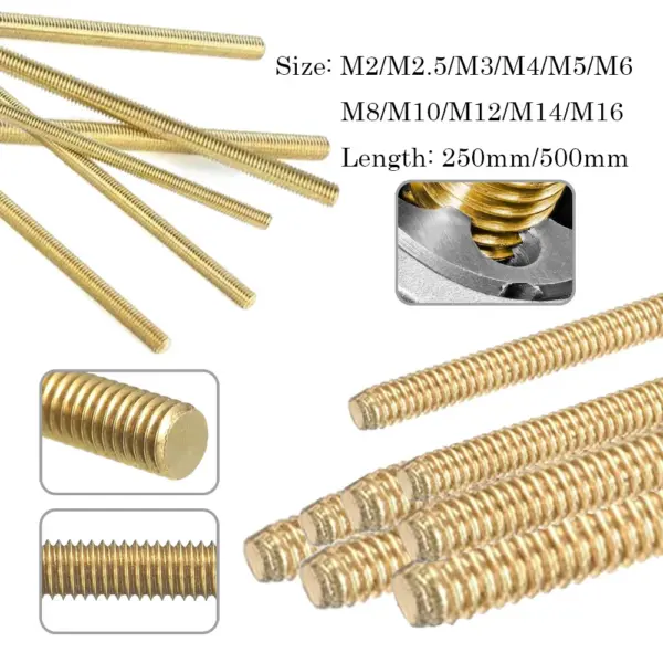1pcs Brass Thread Rod M2 M2.5 M3 M4 M5 M6 M8 M10 M12 M14 M16x250/500MM Brass Metric Bolt Full Thread Shaft Rod Bar Stud