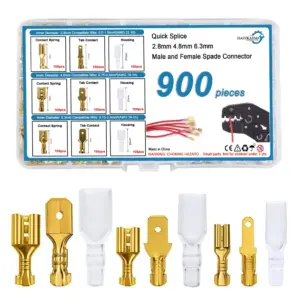 2.8/4.8/6.3mm Quick Splice Male Female Wire Spade Connector Crimp Terminal Block Assortment Kit Golden with Insulating Sleeve