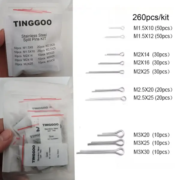 260Pcs/Kit M1.5 M2 M2.5 M3 304 Stainless Steel U Shape Type Spring Cotter Hair Pin Split Clamp Tractor Open Elastic Clip Pin Kit
