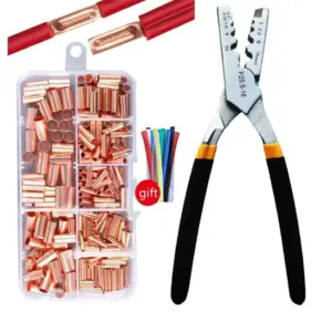 250pcs Copper Wire Joint Kit with Crimping Pliers Small Copper Tube Terminal Cable Lug Bootlace Ferrule for Electrical Wiring