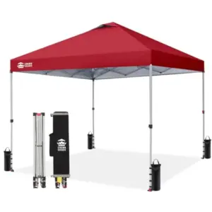 Outdoor pop-up canopy tent with durable polyester fabric, black color, one-push setup mechanism for quick deployment and portab