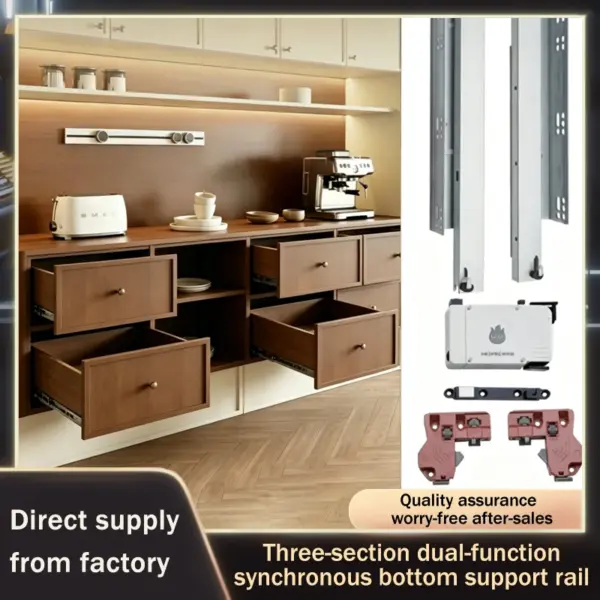Thickened Stainless Steel Bottom Mount Drawer Slides Three Section Full Extension Push To Open Damping Ball Bearing Silent