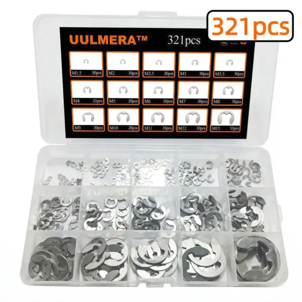 UULMERA 321pcs External Circlip Snap Ring Assortment 15 Sizes E-Clip Retaining Rings 304 Stainless Steel Circlips M1.5-M15
