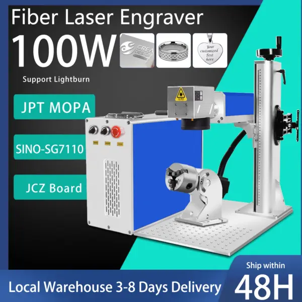 100W JPT MOPA Engraver MOPA 100W Fiber Laser Marking Machine 60W JPT M7 MOPA Laser For Metal Gold Silver Engraving Cutting with Rotary Axis 175MM+300MM Lens