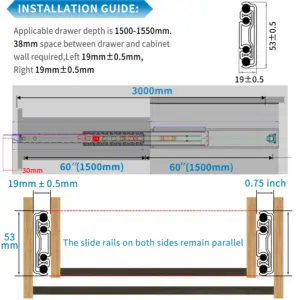 Heavy-Duty Locking Drawer Slides 10-60 Inch Adjustable, 250 LB Capacity - Commercial-Grade Side-Mount Full Extension Ball Bearin