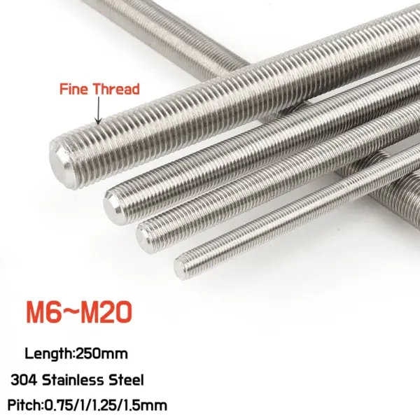 1pcs 304 Stainless Steel Full Threaded Bar M6M8M10M12M14M16M18M20 Fine Thread Rod Bolt Stud Length 250mm Pitch 0.75/1/1.25/1.5mm