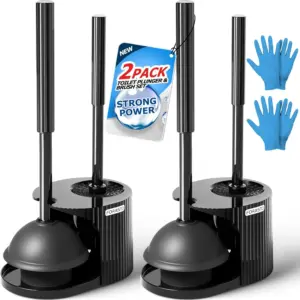 2 Pack 2 in 1 Toilet Brush and Plunger Set with Extended Handle, Heavy Duty Plunger for Clogged Toilet, Bathroom Cleaning Tools
