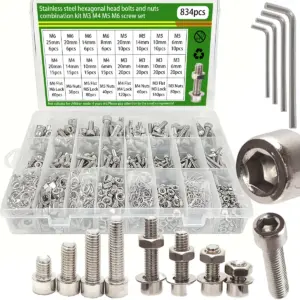 834pcs M3 M4 M5 M6 Stainless Steel Hex Bolts, Screws, Nuts, Washers, and Spring Washers Set; DIY Tool Set