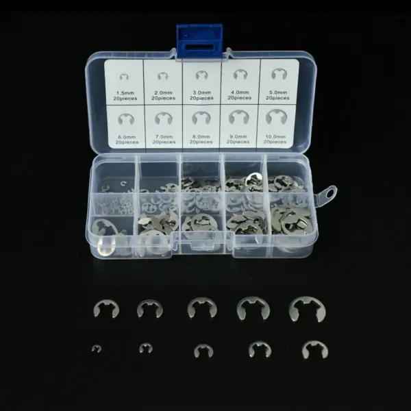 200pcs/Set 304 Stainless Steel E-Clip External Retaining Ring Assortment Kit M1.5-M10 Circlip Washer Assortment for Automotive