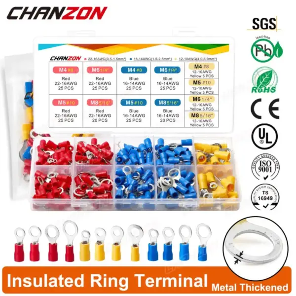 60/210PCS Rv1.25 Rv2 Rv5 Insulated Ring Crimp Wire Connectors Kit Electrical Wiring Crimping Cable Tool Terminal Red Blue Yellow