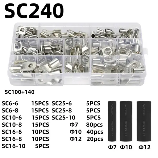 Ring Terminal Cable Shoes Lugs 35mm2 Tinned Copper Lug 60/240PCS Wire Eye Connectors Bare 60 Terminals Lugs Wire Copper Kit