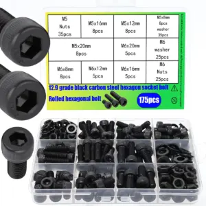 175pcs 12.9 grade socket head cap screw, nut, and washer set; M5/M6 black carbon steel socket head cap screws; cup head screws