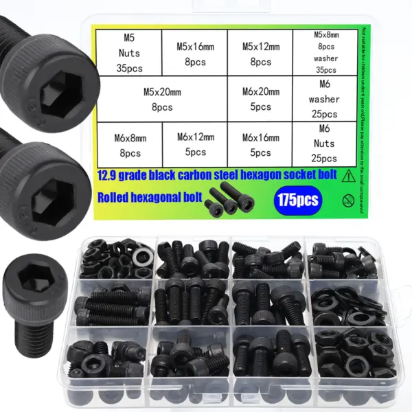 175pcs 12.9 grade socket head cap screw, nut, and washer set; M5/M6 black carbon steel socket head cap screws; cup head screws