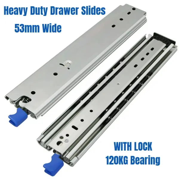 Heavy Duty Drawer Slides with Lock 120KG Bearing 3 Fold Full Extension 53mm Wide Industrial Rail Runners for Storage Organizing