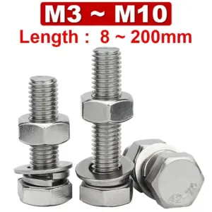 4 In1 Set 304 Stainless Steel Hexagon Screw Nut Flat Washer Spring Washer Gasket Bolt Combination M3m4m5m6m8m10m12~m36 Lengthen