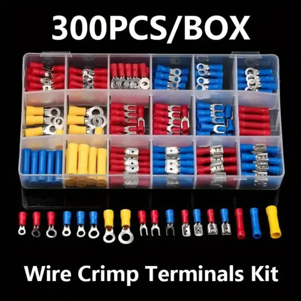300pcs Boxed Electrical Wire Crimp Connector Kit - Insulated Spade, Butt, Ring, Fork, Ring Lugs & Rolled Terminals