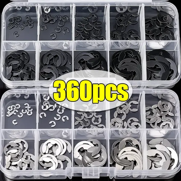 360/120pcs E Shaped Washer Rings Assortment Kit E-Clip External Retaining Rings Circlip Retainer Opening Snaps with Box 1.5-10mm
