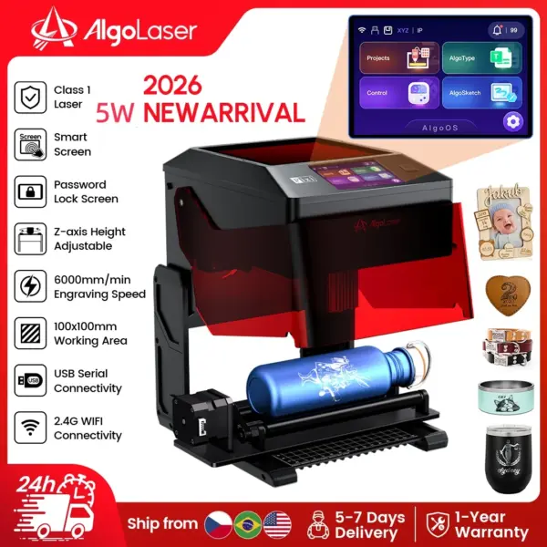 AlgoLaser PIXI 5W Portable Laser Engraver Full Enclosed 3.5" Touch Screen Engraving Machine for Custom Artwork DIY Business Logo