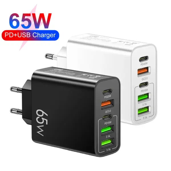 65W 5 Ports USB Charger PD Type C Fast Charging Charger Power Adapter Quick Charge Multi Ports USB C EU/US/UK Plug Wall Charger