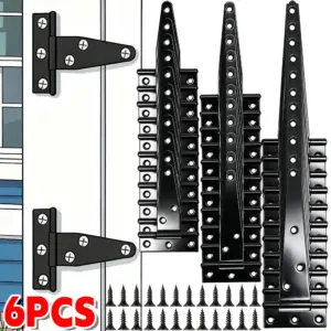 3/4/6Inch T Shaped Hinges Heavy-Duty Easy Install Black Metal Rustproof T-Strap Barn Door Hinge Hardware for Fence Windows Gate