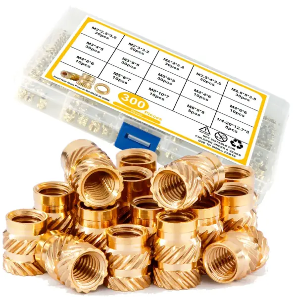 300PCS Brass Heat Set Threaded Insert Nuts Knurled Copper Inserts for Plastic Injection Molding Boxed Kit for Repair Tool