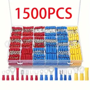 1500pcs Heavy-Duty Insulated Wire Connector Kit with Color-Coded Terminals (AWG 22-16, 16-14, 12-10) - Crimp-On Spade, Fork, Rin