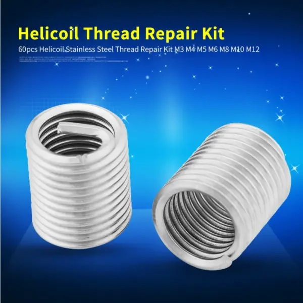 60 Pcs 304 Stainless Steel Wire Thread Inserts Metric M3-M12 Assortment Kit Helicoil Thread Repair Kit Threaded Inserts Kit
