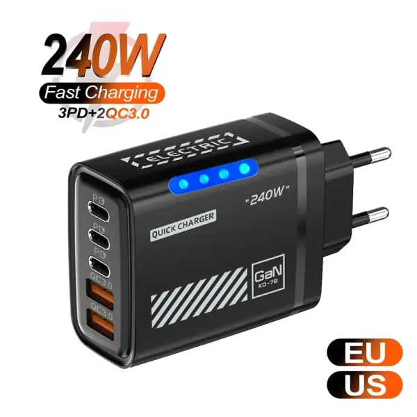 5 in 1 GaN Desktop USB Phone Charger 240W PD Fast Charger 3PD 2USB For iPhone 16 15 Pro Samsung Xiaomi EU US Plug Power Adapter