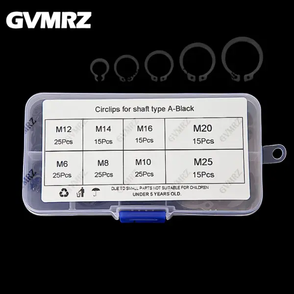 160PCS/box C Type External Circlip Clip Snap Ring Mix 8 Sizes M6 to M25 Kit Set for Shaft Bearing Retaining Black Steel