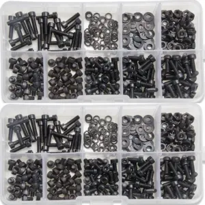 300Pcs M3 Screws Black Carbon Steel Column Hexagon Screw Bolt Nut Flat Pad Washers Spring Box Kit Bolts and Nuts
