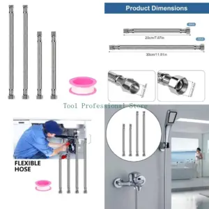 57QF 4Pcs Stainless Steel Braided Hoses 3/8Inch Flexible Plumbing Hoses Connector for Long Lasting Performances Enduring