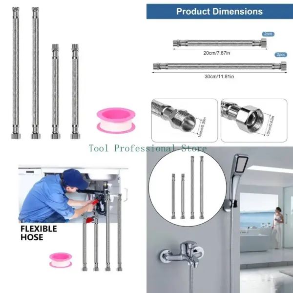 57QF 4Pcs Stainless Steel Braided Hoses 3/8Inch Flexible Plumbing Hoses Connector for Long Lasting Performances Enduring
