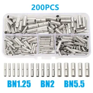 200Pcs Electrical Cable BN Crimp Terminals Butt Wire Connectors Ferrules Tinned Copper Splice Non-Insulated Sleeves Bare kit