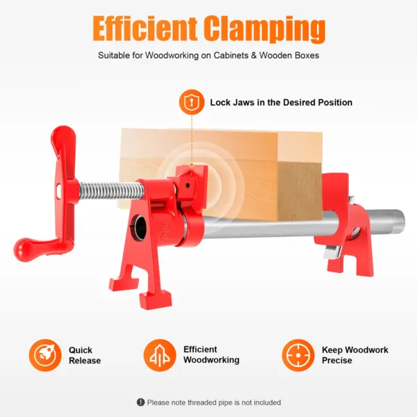 4 Pcs 3/4" Wood Gluing Pipe Clamp Set Countertop Cast Iron Quick Release Bar Clamps Red Kit with Wide Base for Woodworking