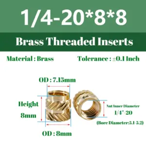 80pcs 1/4"-20 Heat Set Threaded Inserts 1/4"-20x6/8x8 Heat-Set Insert for 3D Printing Component Plastic Parts Brass Knurled Nuts