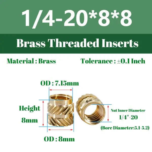 80pcs 1/4"-20 Heat Set Threaded Inserts 1/4"-20x6/8x8 Heat-Set Insert for 3D Printing Component Plastic Parts Brass Knurled Nuts