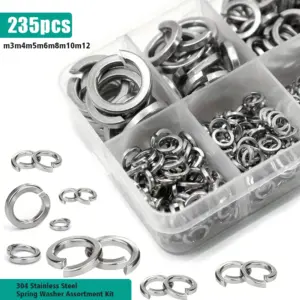 235-piece set of M3, M4, M5, M6, M8, M10, and M12 stainless steel spring washers to enhance bolt and screw tightening force.