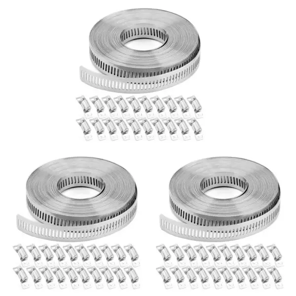 ABLN-3 Set Hose Clamps 20FT Metal Strap+ 60 Fasteners DIY Cut-To-Fit Stainless Steel Band Clamps Adjustable Large Worm