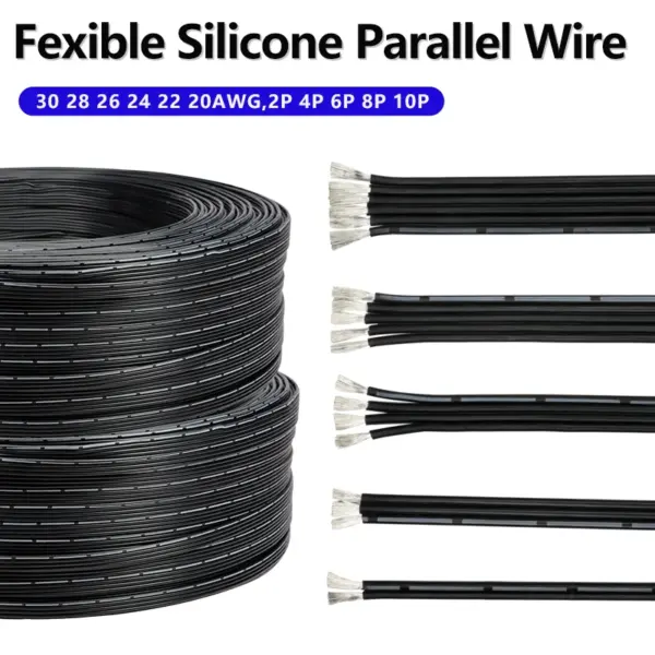 3/5/10M Black Soft Silicone Parallel Wire 30AWG-20AWG Multi core 2P/3P/4P/5P/6P/8P/10P Super Fexible Heat-resistant Copper Cable