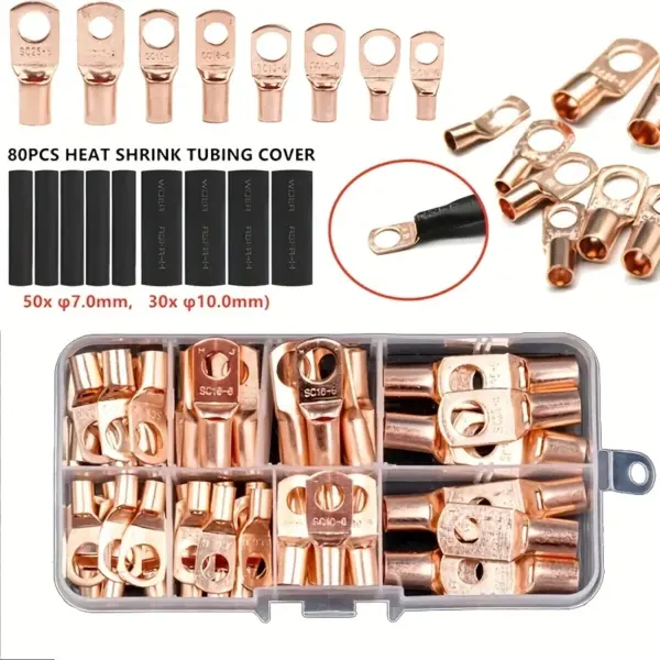 140Pcs Wire Lug Connector Ring SC6-25 Copper Connectors Bare Cable Electric Crimp Terminal Connector Kit