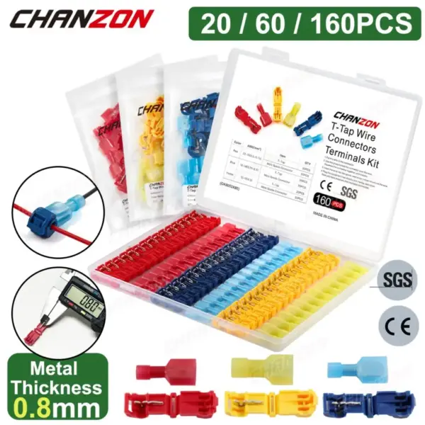 20/60/160PCS T-Tap Quick Splice Wire Connectors Electrical Crimp Joint Cord Cable Self-Stripping Disconnect Wiring Terminals Kit