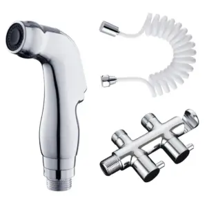 Bathroom ABS Plastic Washer Set, All Copper Double Handle Dual Angle Control Valve TPU Spring Hose Spray  Three Piece Set
