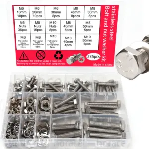 236pcs Stainless Steel Hex Bolts, Nuts and Washers Set | M6/M8/M10 | Includes Spring Washer | Suitable for DIY and Machining